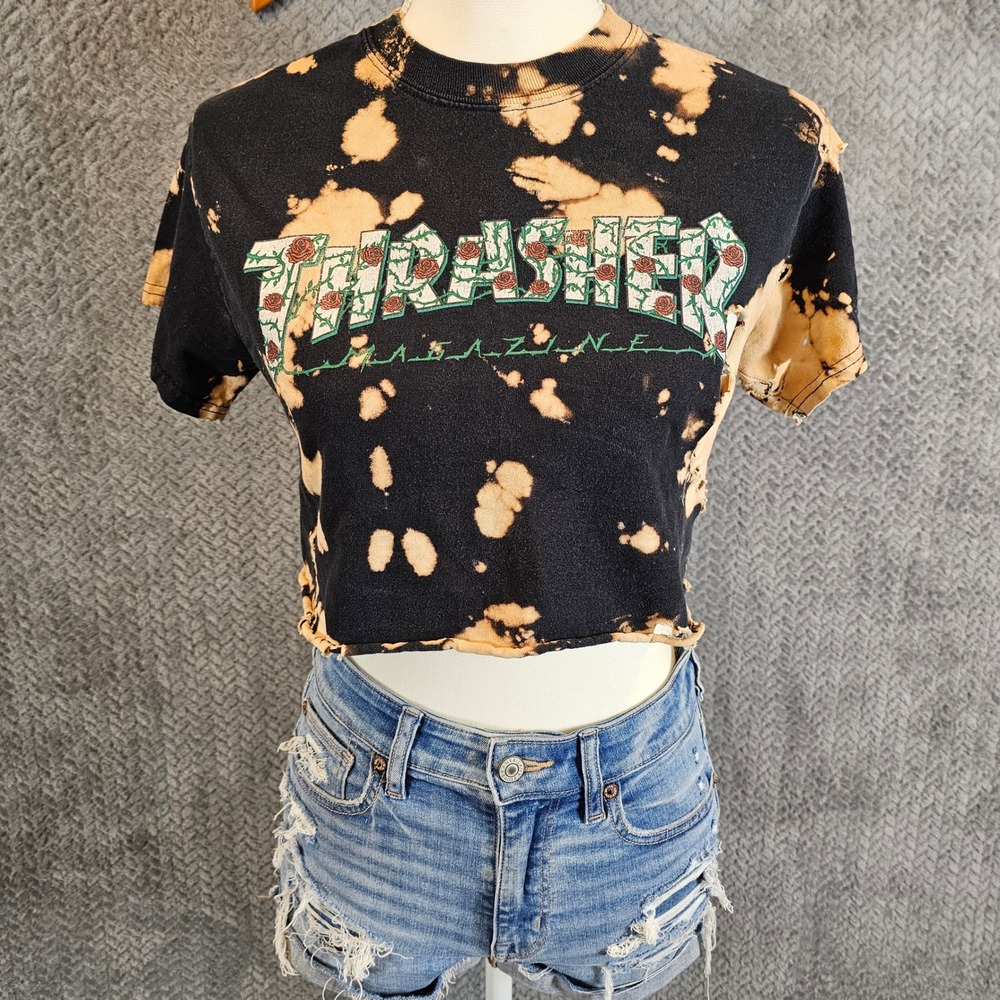Thrasher‎ Magazine Distressed Bleached Crop Top Black Rose Graphic Tee Womens S